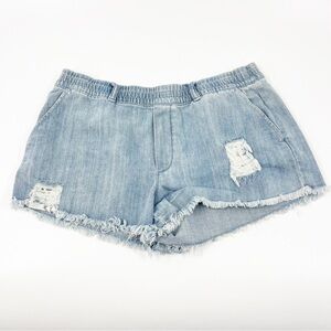 ✅  Aerie Womens Denim Distressed Shorts‎ Blue Pull On Frayed Hem Mid Rise Medium